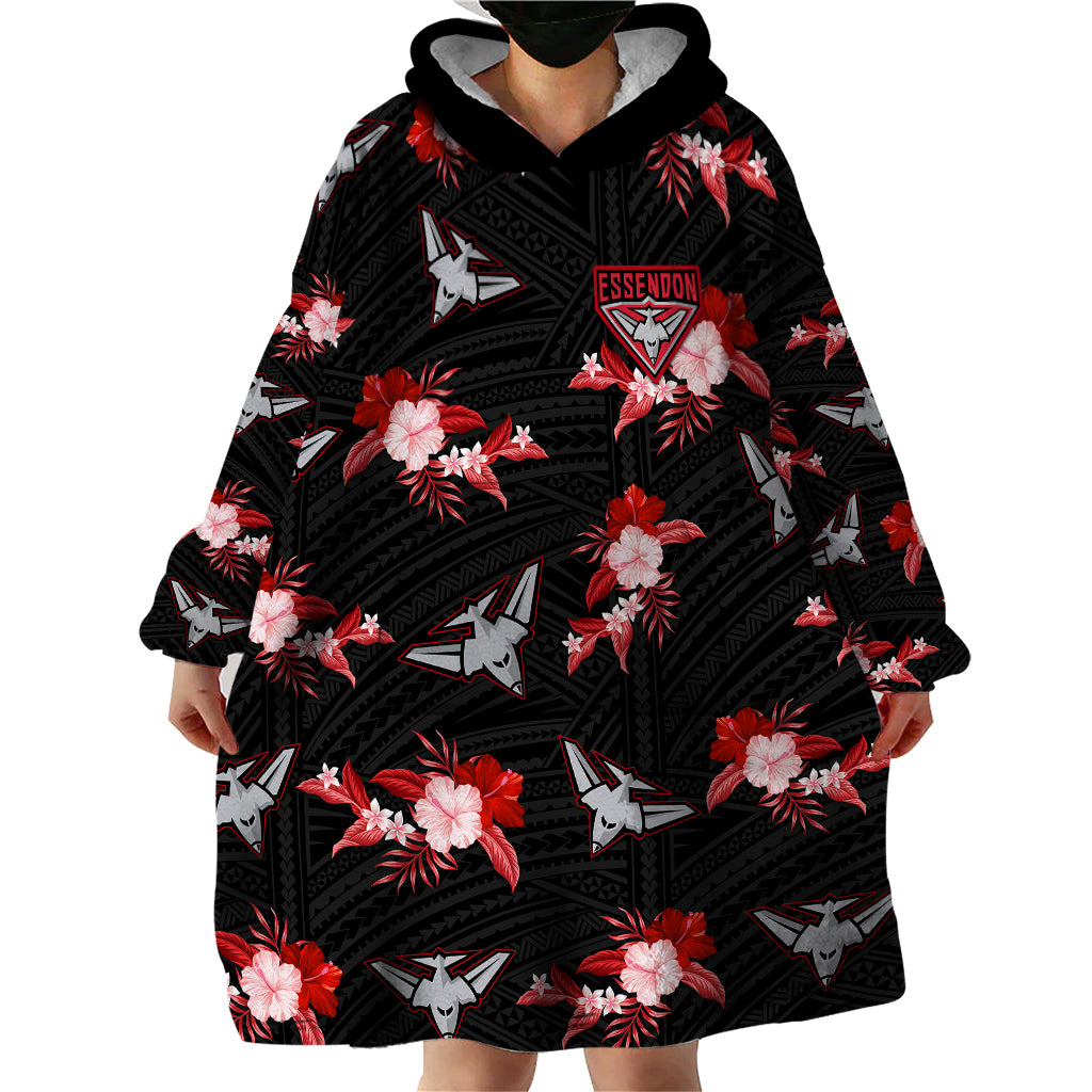 (Custom Text And Number) Essendon Football Wearable Blanket Hoodie Bombers Polynesian Tribal Mix Tropical Hawaiian Style - Vibe Hoodie Shop