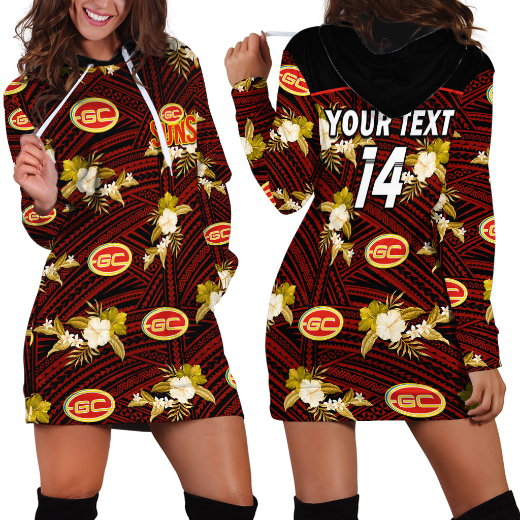 (Custom Text And Number) Gold Coast Football Hoodie Dress Suns Polynesian Tribal Mix Tropical Hawaiian Style - Vibe Hoodie Shop