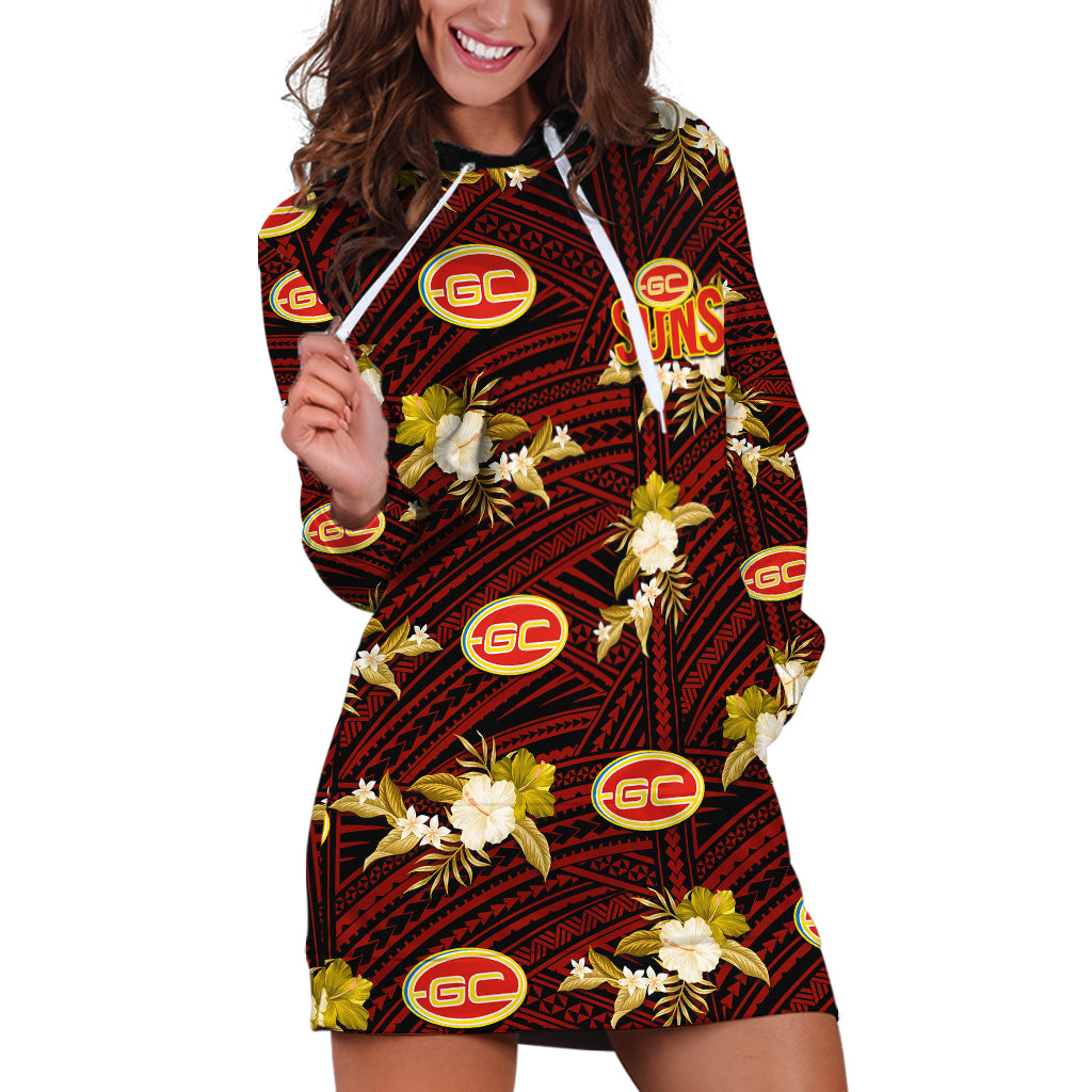 (Custom Text And Number) Gold Coast Football Hoodie Dress Suns Polynesian Tribal Mix Tropical Hawaiian Style - Vibe Hoodie Shop