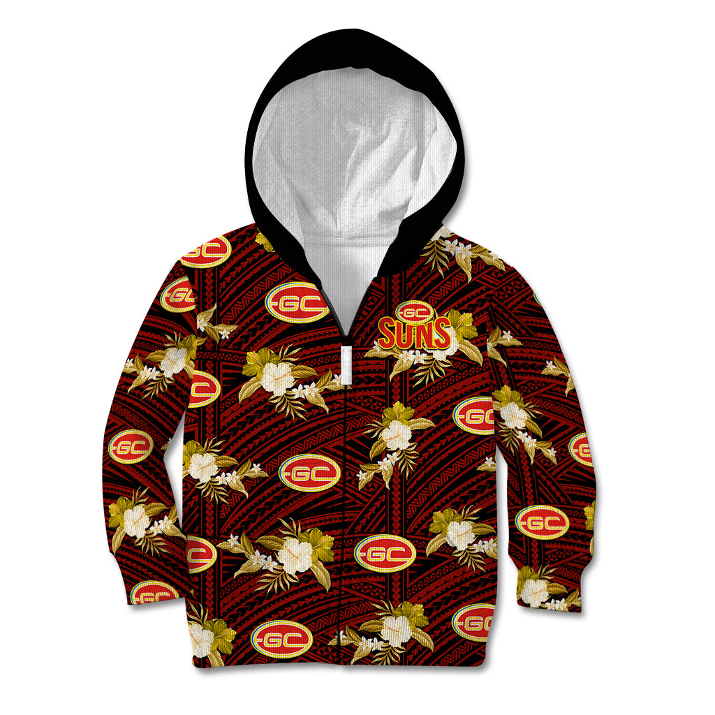 (Custom Text And Number) Gold Coast Football Kid Hoodie Suns Polynesian Tribal Mix Tropical Hawaiian Style - Vibe Hoodie Shop