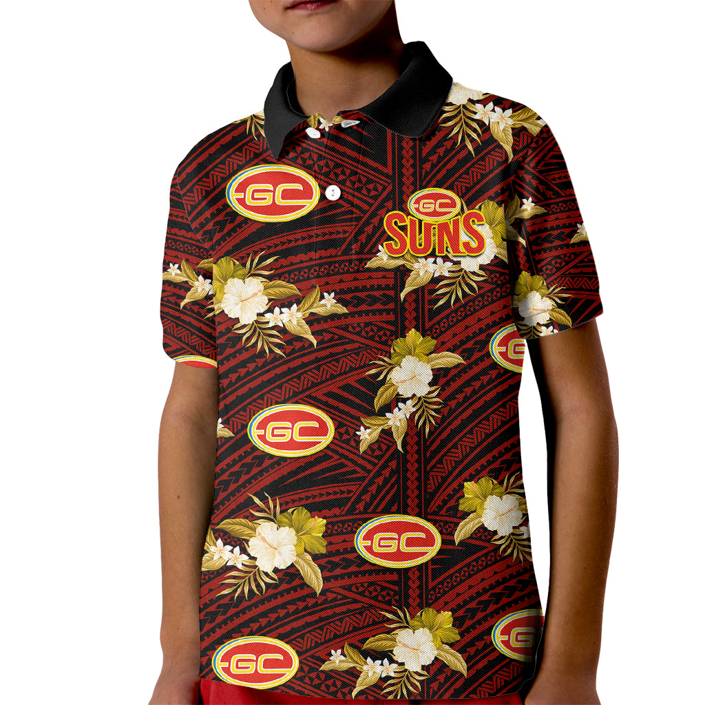 (Custom Text And Number) Gold Coast Football Kid Polo Shirt Suns Polynesian Tribal Mix Tropical Hawaiian Style - Vibe Hoodie Shop