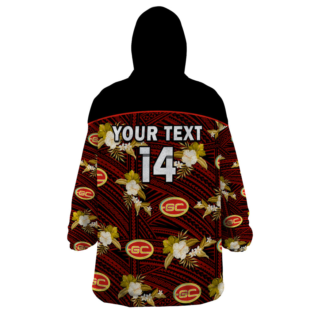 (Custom Text And Number) Gold Coast Football Wearable Blanket Hoodie Suns Polynesian Tribal Mix Tropical Hawaiian Style - Vibe Hoodie Shop