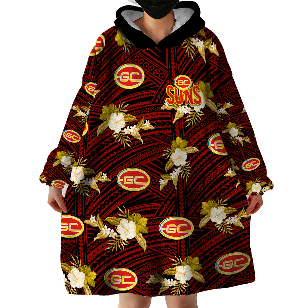 (Custom Text And Number) Gold Coast Football Wearable Blanket Hoodie Suns Polynesian Tribal Mix Tropical Hawaiian Style - Vibe Hoodie Shop