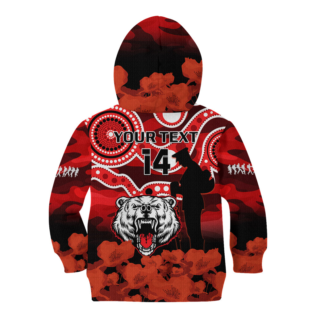 (Custom Text And Number) North Sydney Rugby ANZAC Kid Hoodie Bears Indigenous Mix Camouflage Poppy - Vibe Hoodie Shop