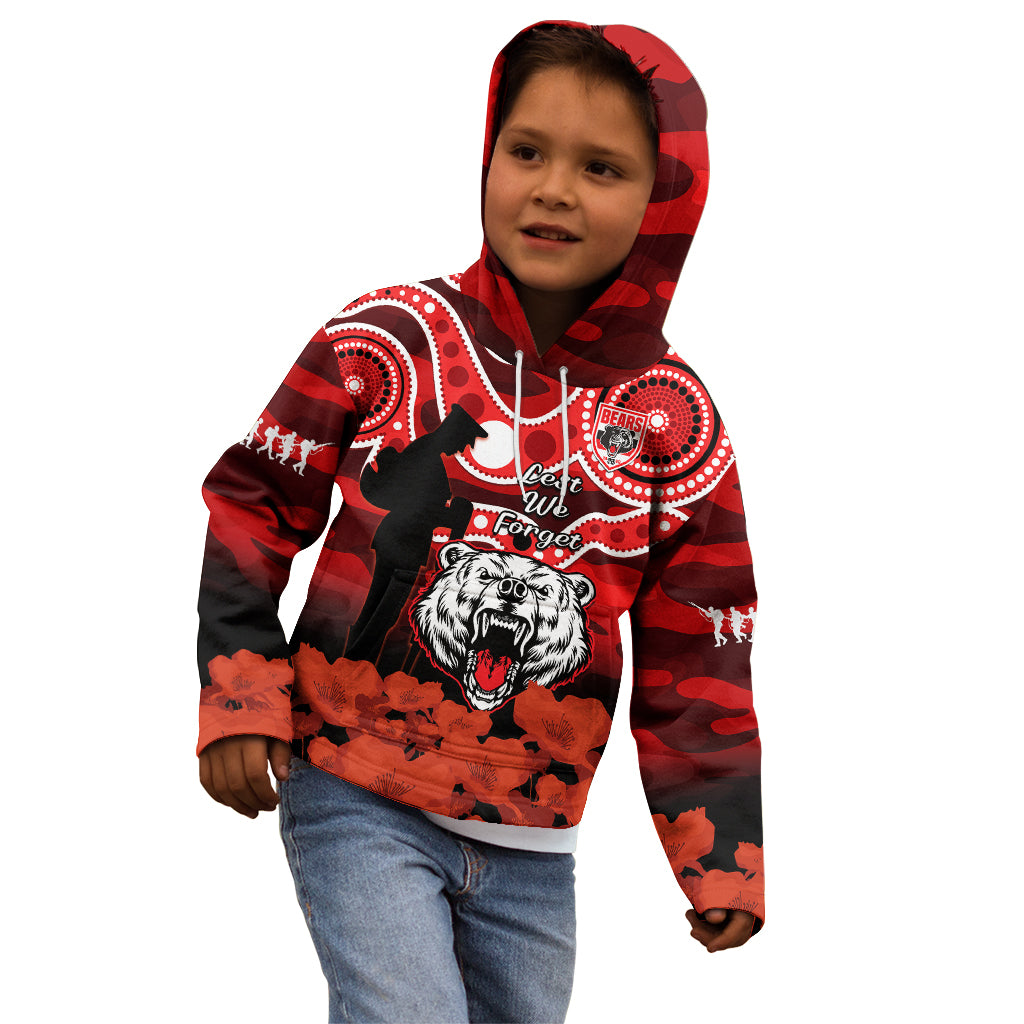 (Custom Text And Number) North Sydney Rugby ANZAC Kid Hoodie Bears Indigenous Mix Camouflage Poppy - Vibe Hoodie Shop