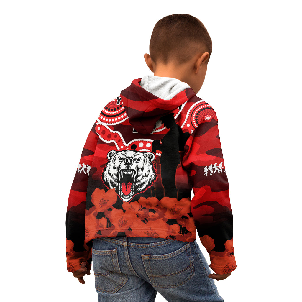 (Custom Text And Number) North Sydney Rugby ANZAC Kid Hoodie Bears Indigenous Mix Camouflage Poppy - Vibe Hoodie Shop