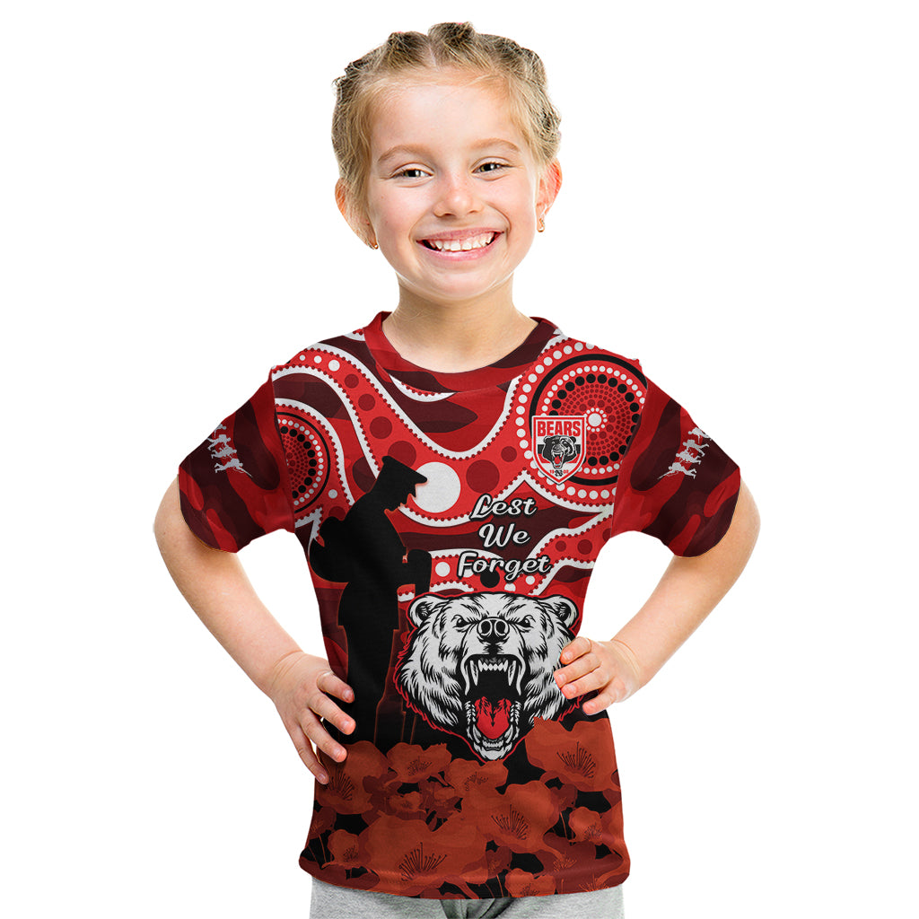 (Custom Text And Number) North Sydney Rugby ANZAC Kid T Shirt Bears Indigenous Mix Camouflage Poppy - Vibe Hoodie Shop