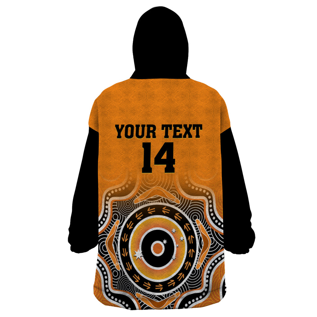 (Custom Text And Number) Wallabies Rugby Wearable Blanket Hoodie Aussie Go Champions Indigenous Orange - Vibe Hoodie Shop