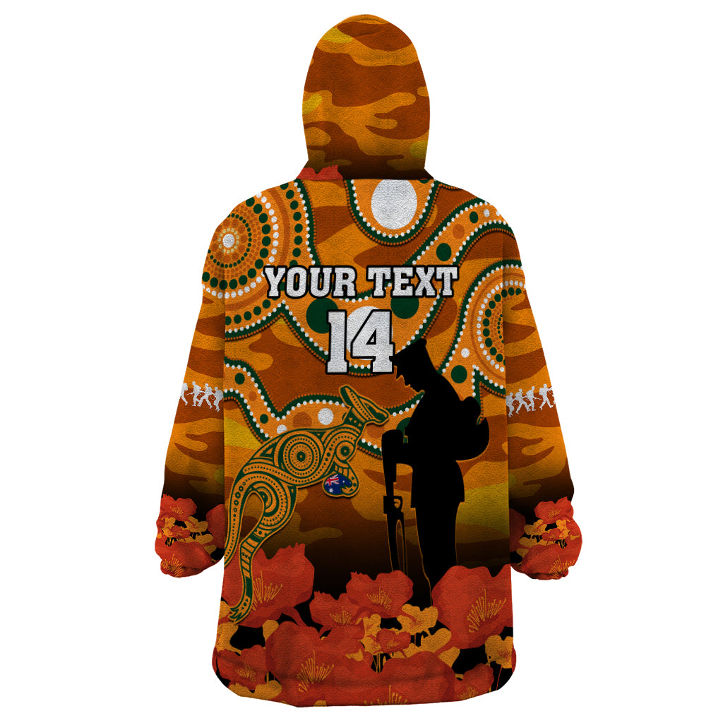 (Custom Text And Number) Wallabies Rugby ANZAC Wearable Blanket Hoodie Aboriginal Camouflage Lest We Forget - Vibe Hoodie Shop