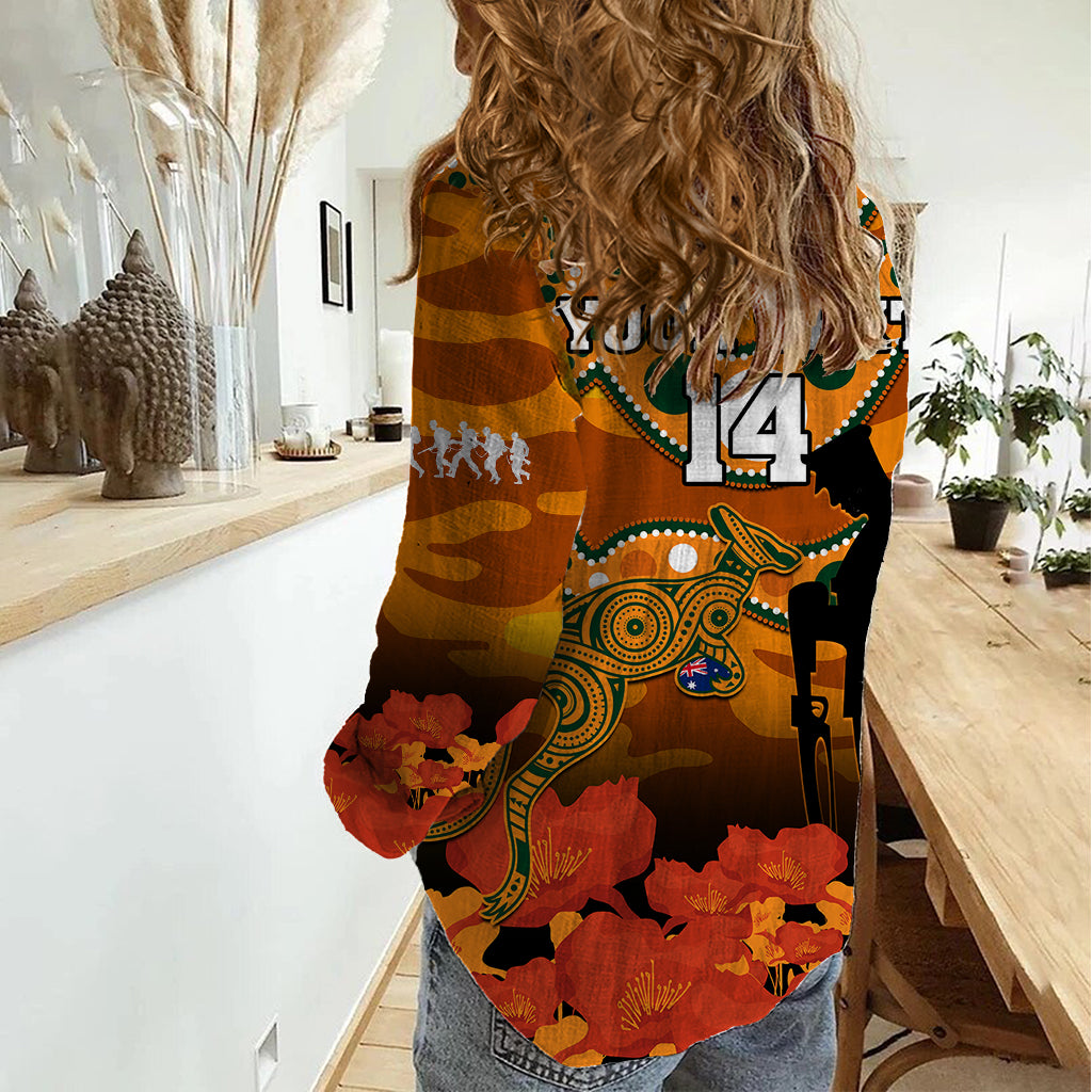(Custom Text And Number) Wallabies Rugby ANZAC Women Casual Shirt Aboriginal Camouflage Lest We Forget - Vibe Hoodie Shop