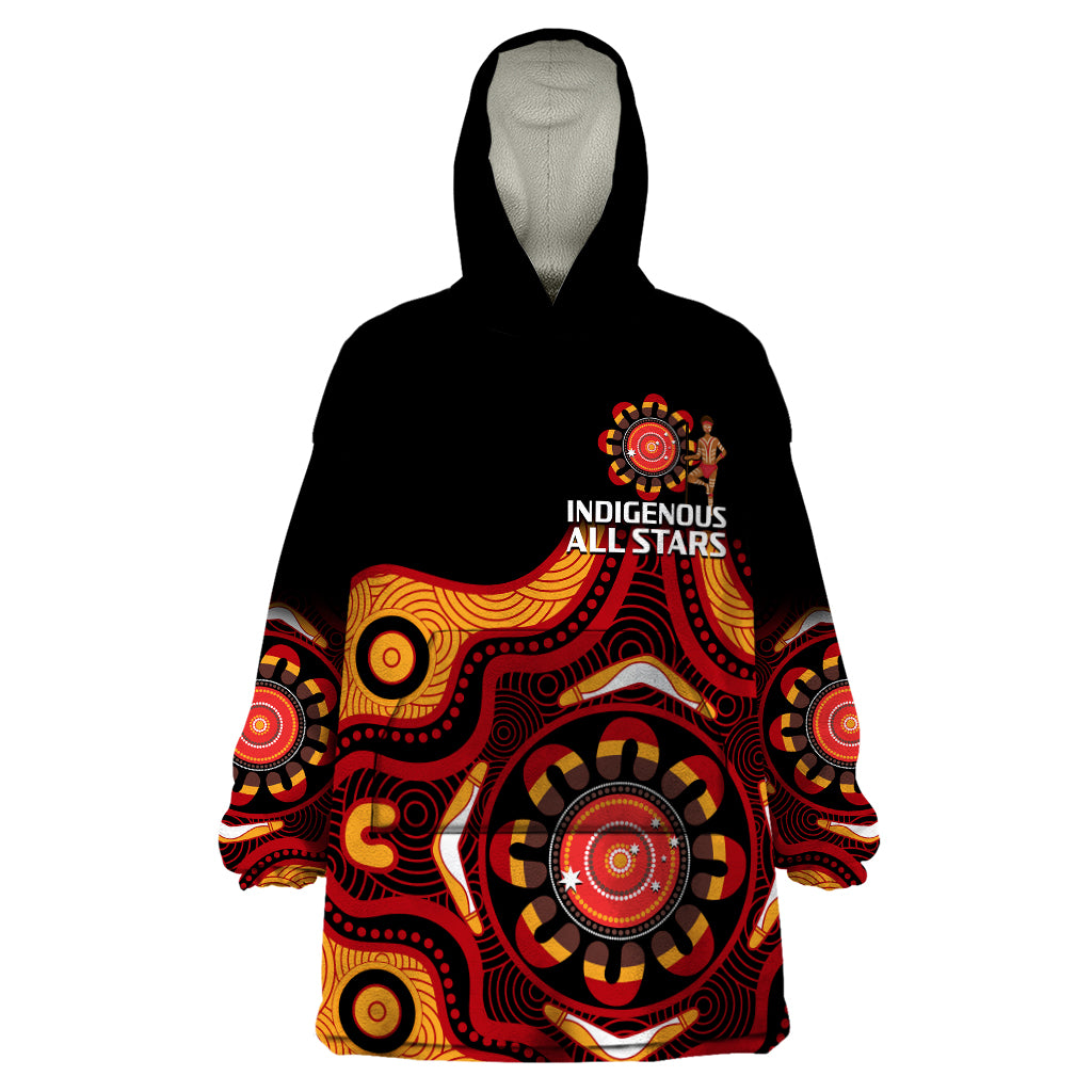 Australia Indigenous Rugby Wearable Blanket Hoodie All Stars Aborigine Dreamtime Black Version - Vibe Hoodie Shop