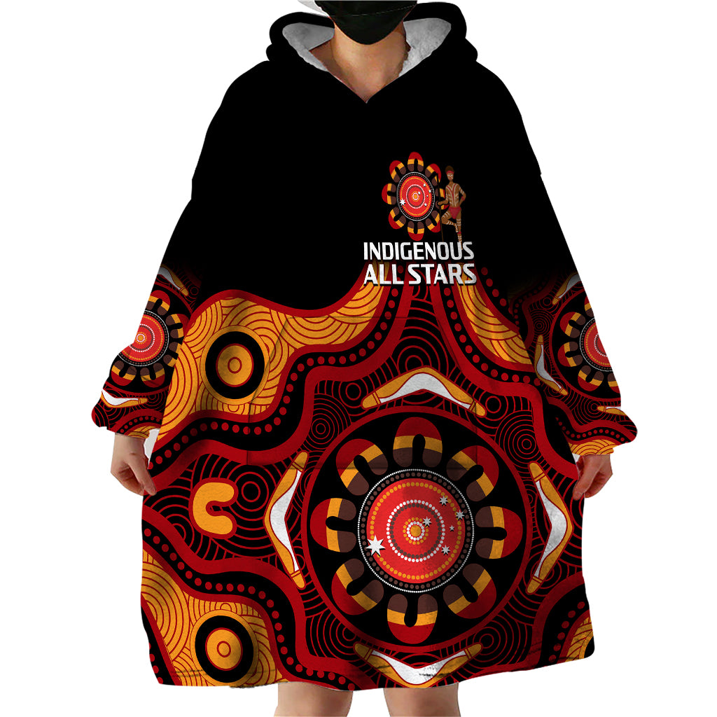 Australia Indigenous Rugby Wearable Blanket Hoodie All Stars Aborigine Dreamtime Black Version - Vibe Hoodie Shop