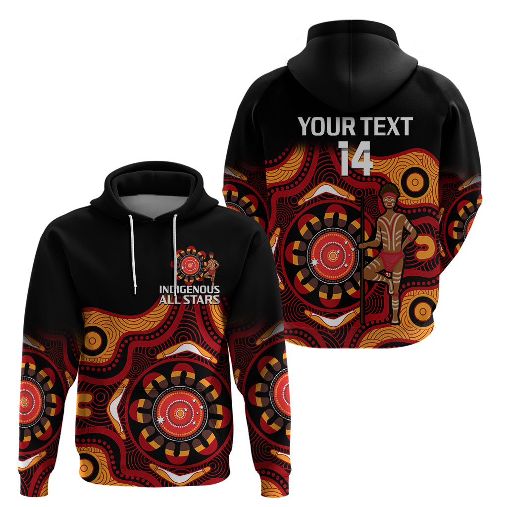 (Custom Text And Number) Australia Indigenous Rugby Hoodie All Stars Aborigine Dreamtime Black Version - Vibe Hoodie Shop