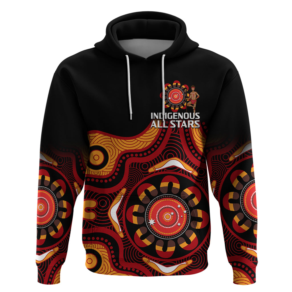 (Custom Text And Number) Australia Indigenous Rugby Hoodie All Stars Aborigine Dreamtime Black Version - Vibe Hoodie Shop