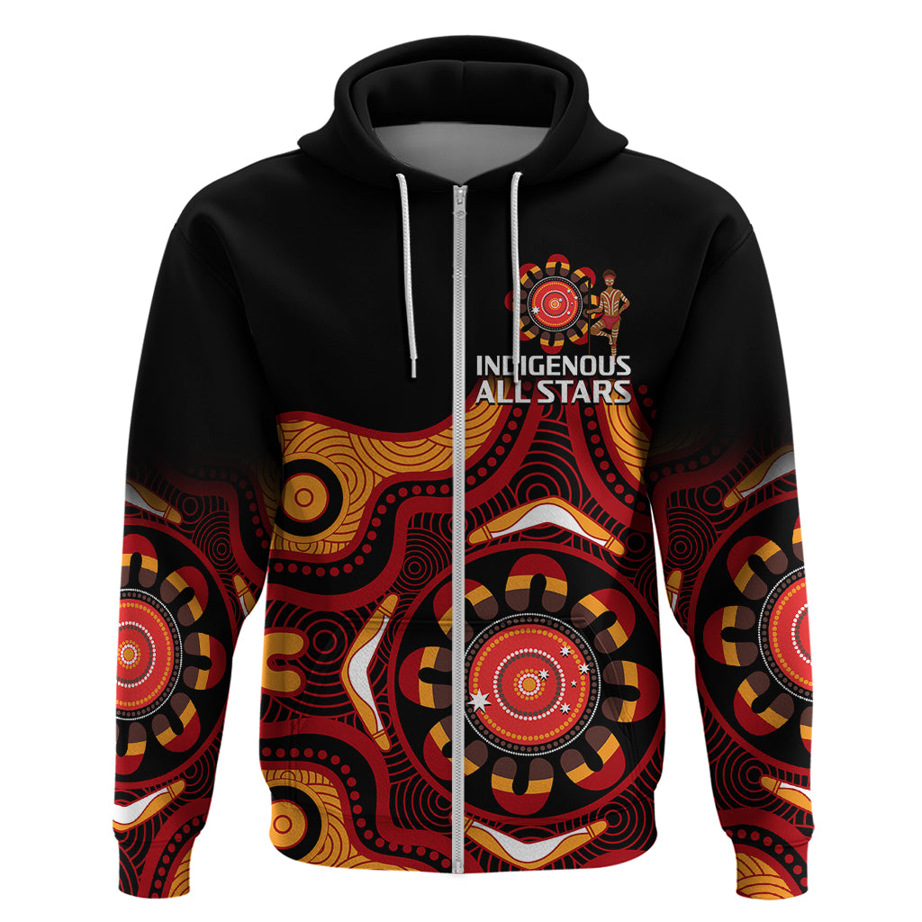 (Custom Text And Number) Australia Indigenous Rugby Hoodie All Stars Aborigine Dreamtime Black Version - Vibe Hoodie Shop