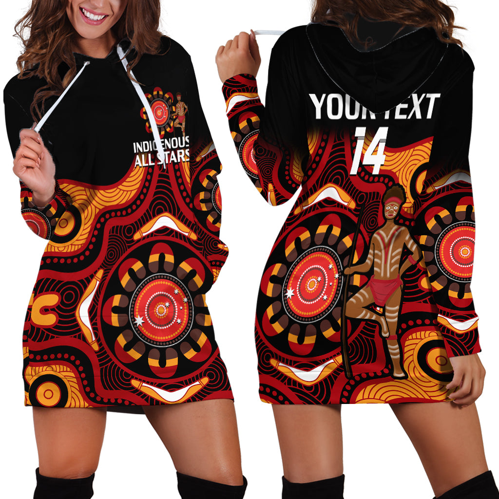 (Custom Text And Number) Australia Indigenous Rugby Hoodie Dress All Stars Aborigine Dreamtime Black Version - Vibe Hoodie Shop