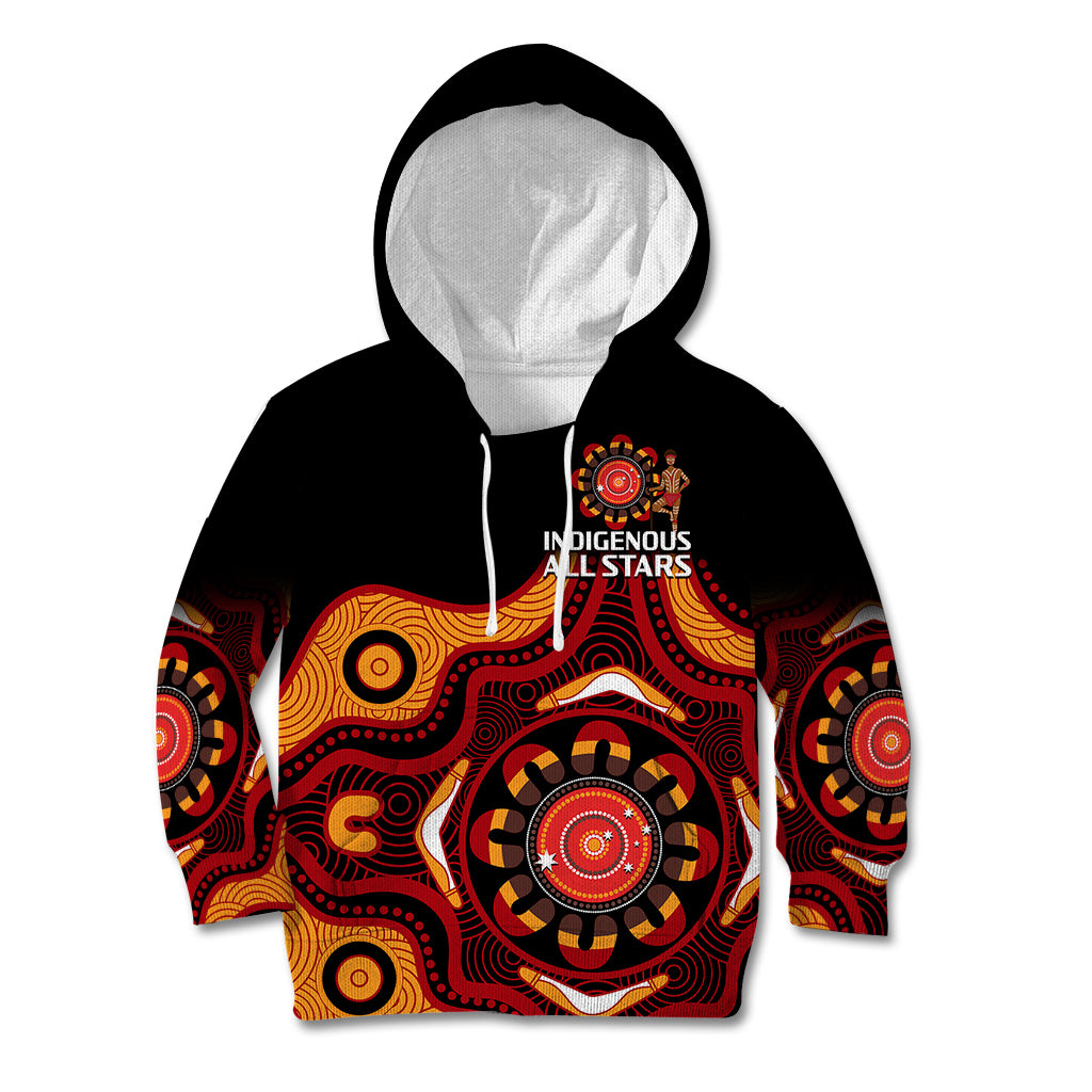 (Custom Text And Number) Australia Indigenous Rugby Kid Hoodie All Stars Aborigine Dreamtime Black Version - Vibe Hoodie Shop