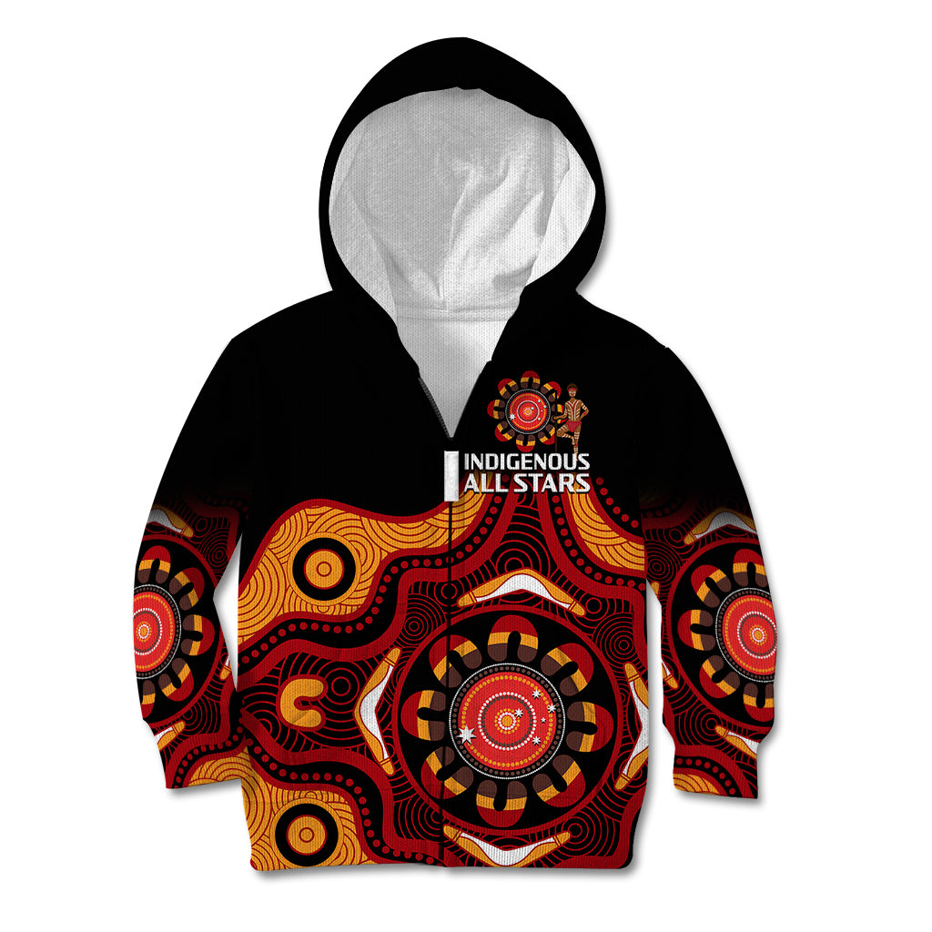 (Custom Text And Number) Australia Indigenous Rugby Kid Hoodie All Stars Aborigine Dreamtime Black Version - Vibe Hoodie Shop