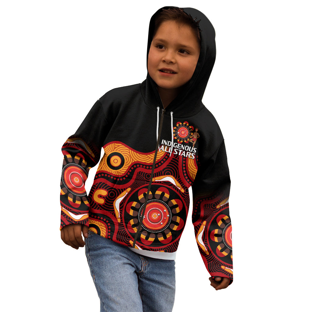 (Custom Text And Number) Australia Indigenous Rugby Kid Hoodie All Stars Aborigine Dreamtime Black Version - Vibe Hoodie Shop