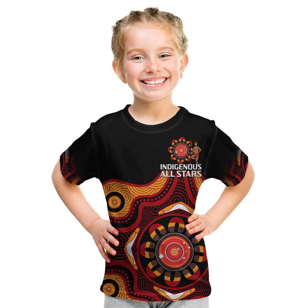 (Custom Text And Number) Australia Indigenous Rugby Kid T Shirt All Stars Aborigine Dreamtime Black Version - Vibe Hoodie Shop