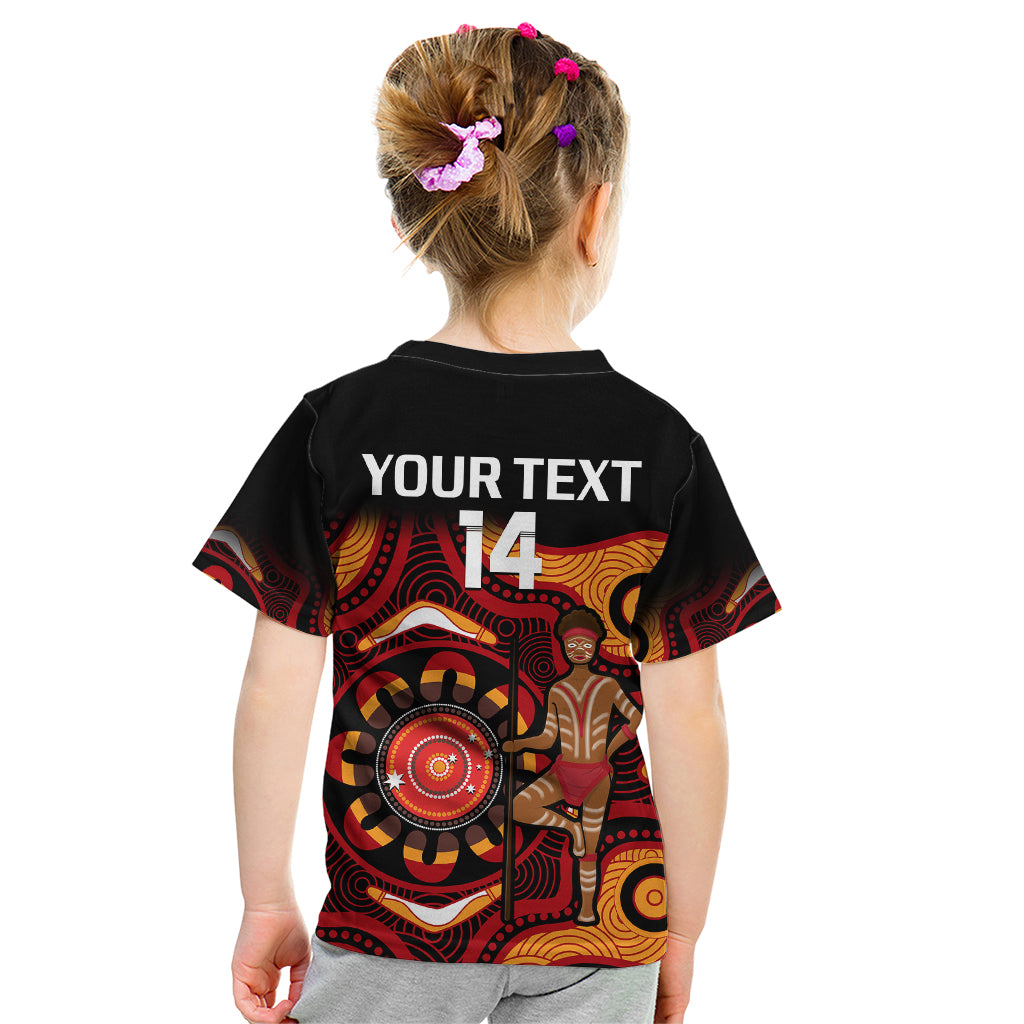 (Custom Text And Number) Australia Indigenous Rugby Kid T Shirt All Stars Aborigine Dreamtime Black Version - Vibe Hoodie Shop