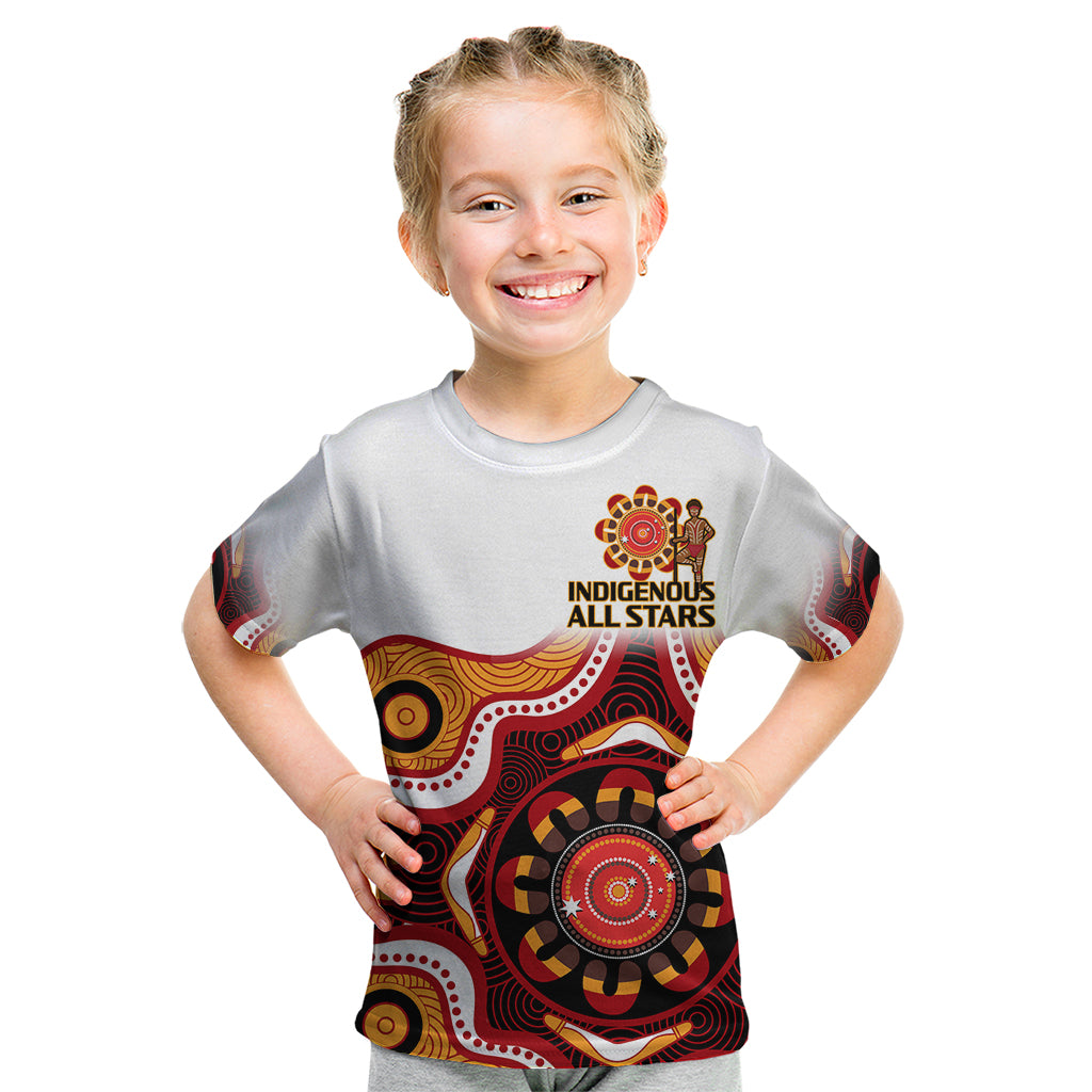 (Custom Text And Number) Australia Indigenous Rugby Kid T Shirt All Stars Aborigine Dreamtime White Version - Vibe Hoodie Shop