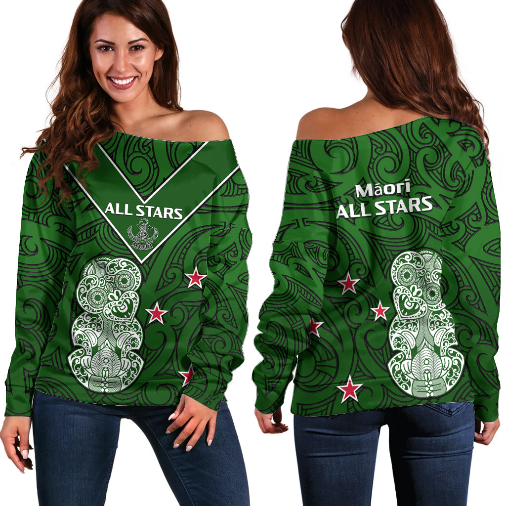 Aotearoa Rugby Off Shoulder Sweater All Stars New Zealand Tiki Maori - Vibe Hoodie Shop