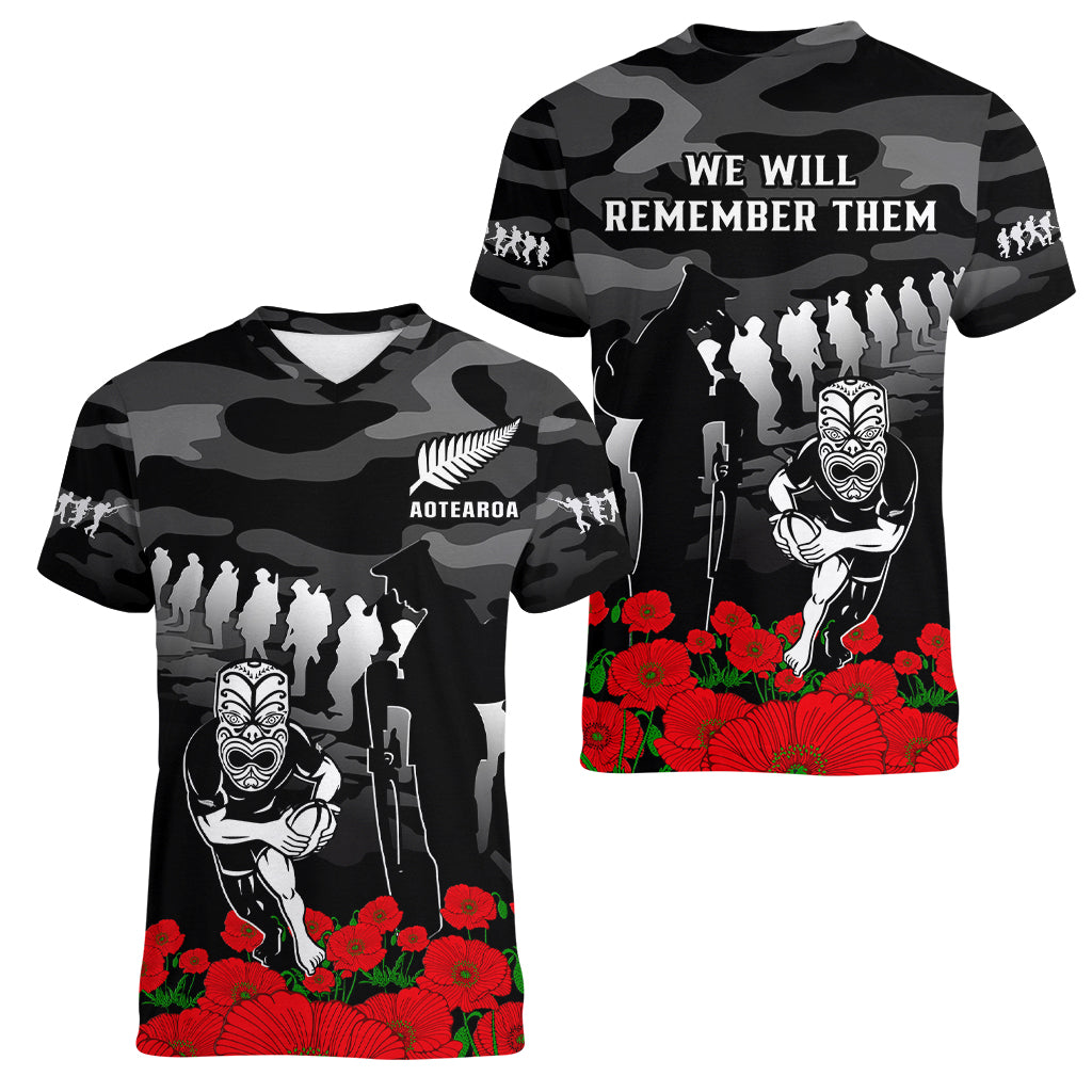 New Zealand ANZAC Rugby Women V Neck T Shirt Silver Fern All Black Camouflage Mix Poppy - Vibe Hoodie Shop