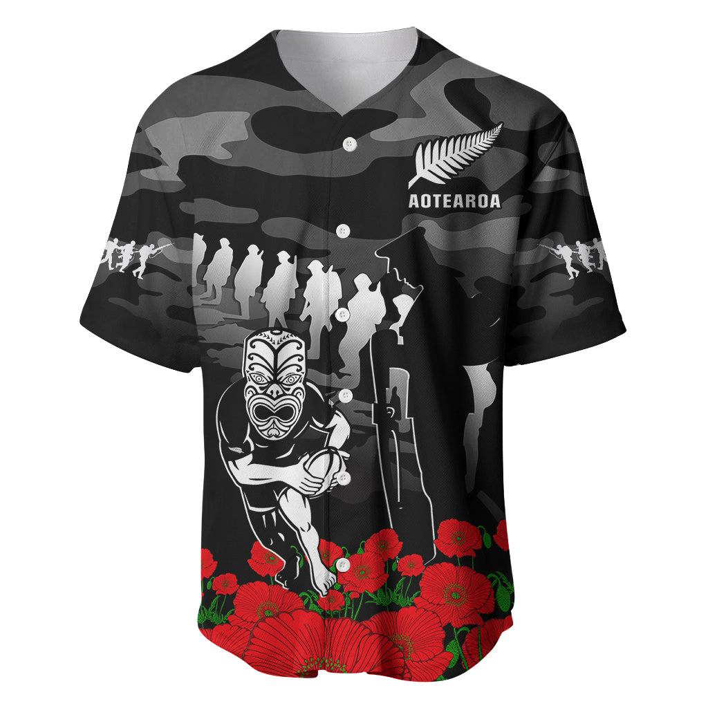 (Custom Text And Number) New Zealand ANZAC Rugby Baseball Jersey Silver Fern All Black Camouflage Mix Poppy - Vibe Hoodie Shop