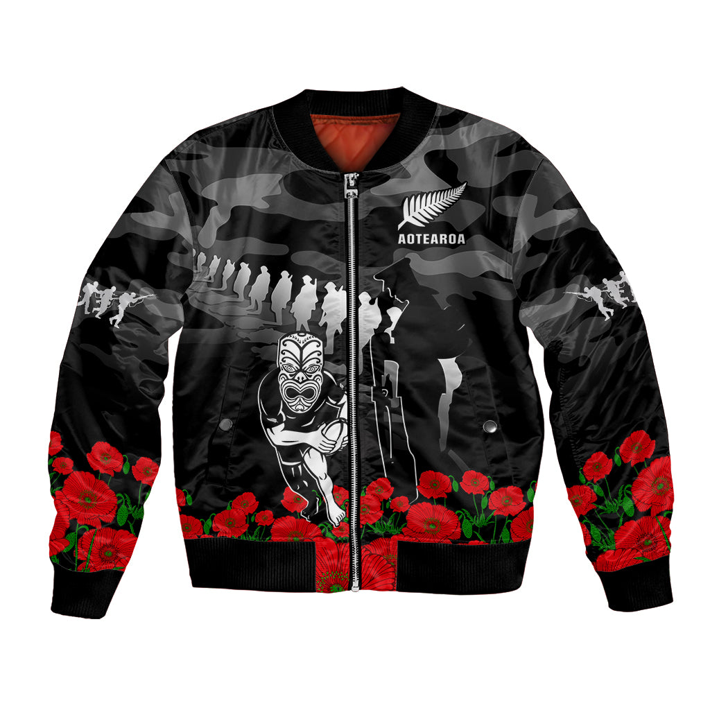 (Custom Text And Number) New Zealand ANZAC Rugby Bomber Jacket Silver Fern All Black Camouflage Mix Poppy - Vibe Hoodie Shop