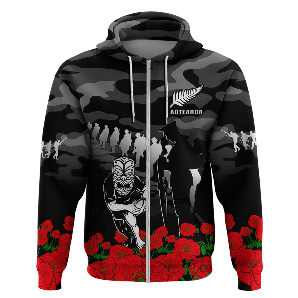 (Custom Text And Number) New Zealand ANZAC Rugby Hoodie Silver Fern All Black Camouflage Mix Poppy - Vibe Hoodie Shop