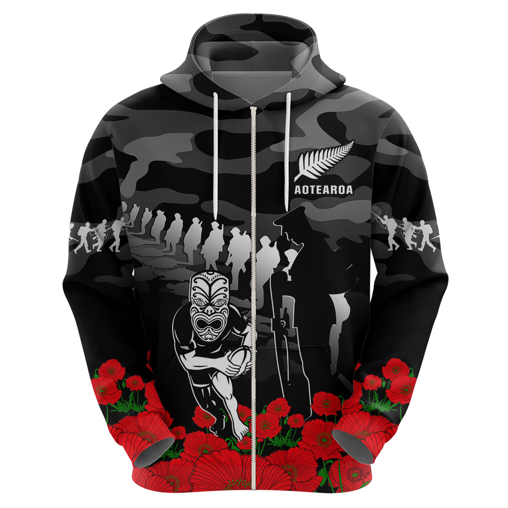 (Custom Text And Number) New Zealand ANZAC Rugby Hoodie Silver Fern All Black Camouflage Mix Poppy - Vibe Hoodie Shop