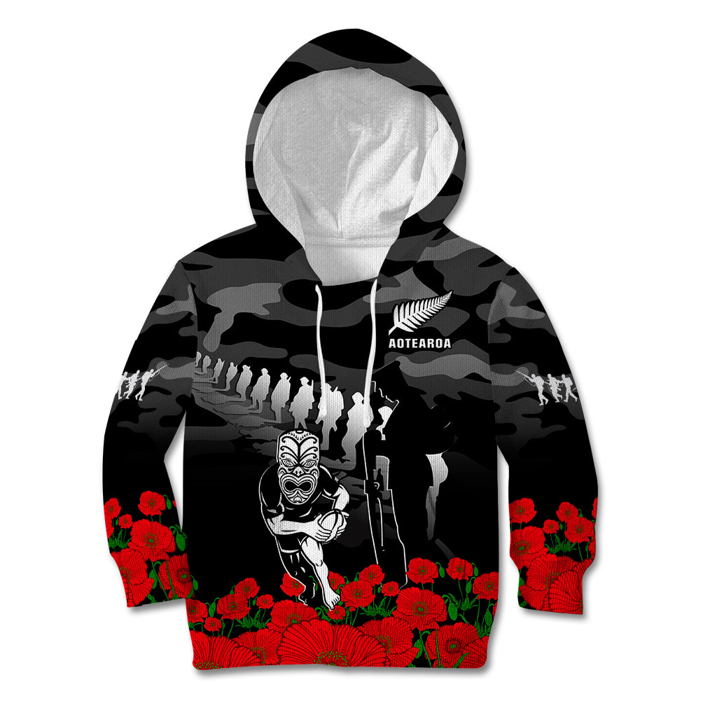 (Custom Text And Number) New Zealand ANZAC Rugby Kid Hoodie Silver Fern All Black Camouflage Mix Poppy - Vibe Hoodie Shop