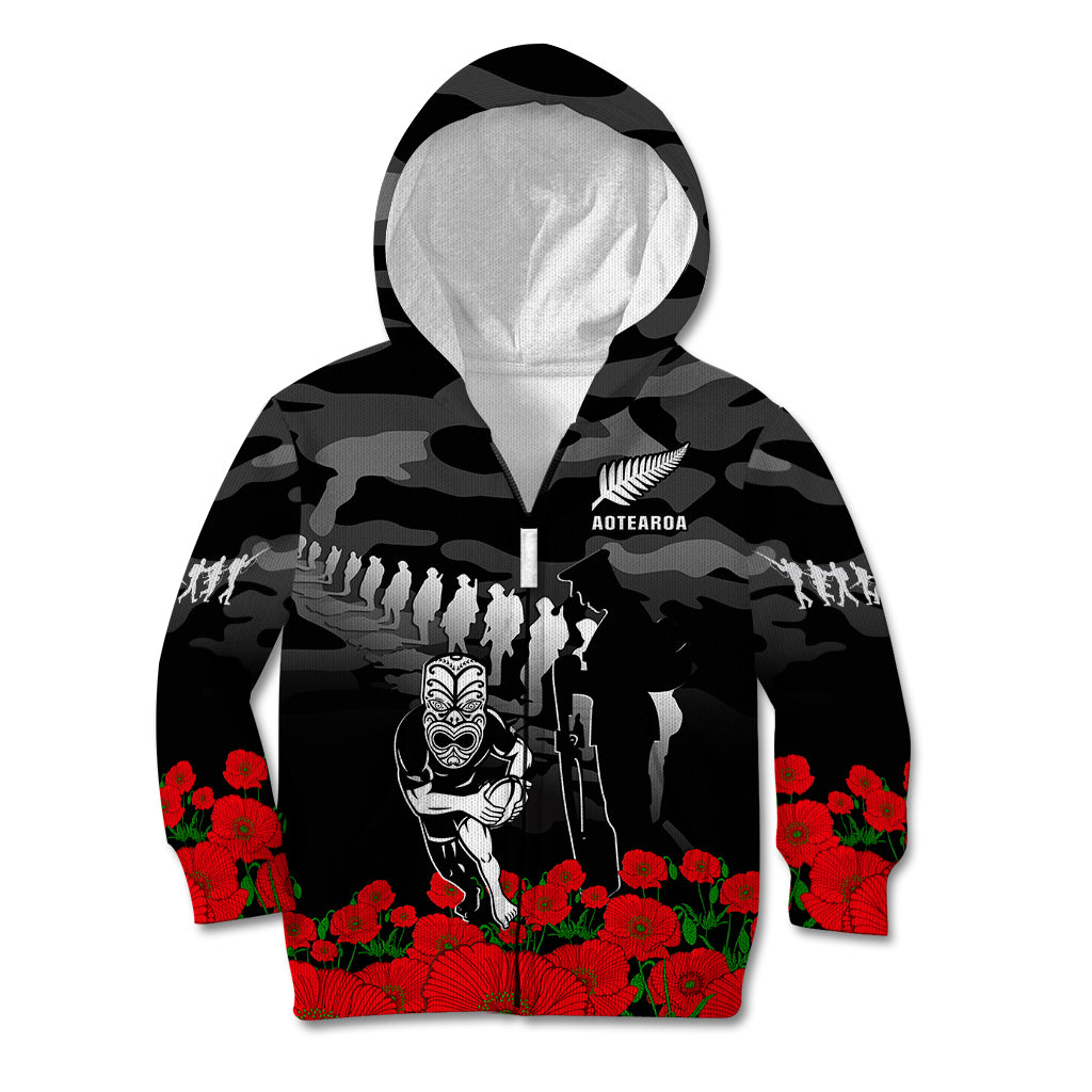 (Custom Text And Number) New Zealand ANZAC Rugby Kid Hoodie Silver Fern All Black Camouflage Mix Poppy - Vibe Hoodie Shop