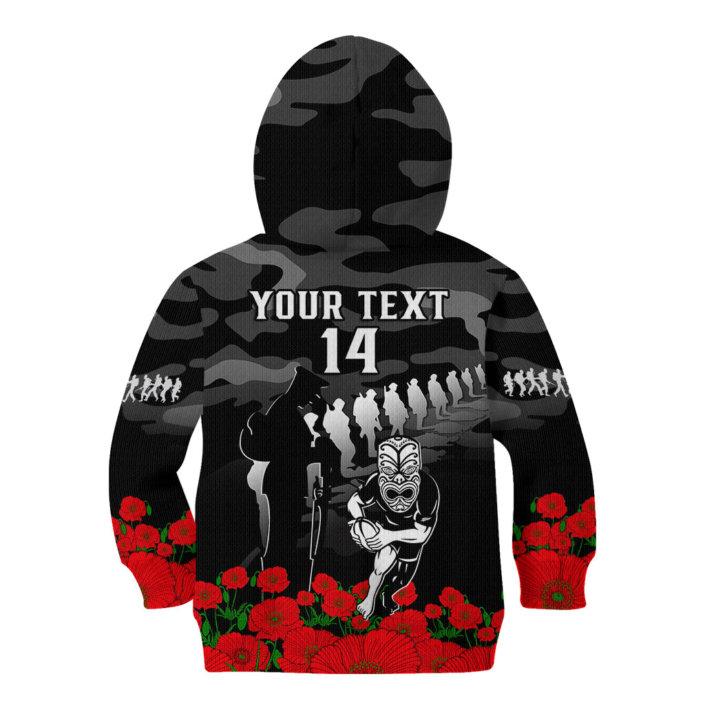 (Custom Text And Number) New Zealand ANZAC Rugby Kid Hoodie Silver Fern All Black Camouflage Mix Poppy - Vibe Hoodie Shop