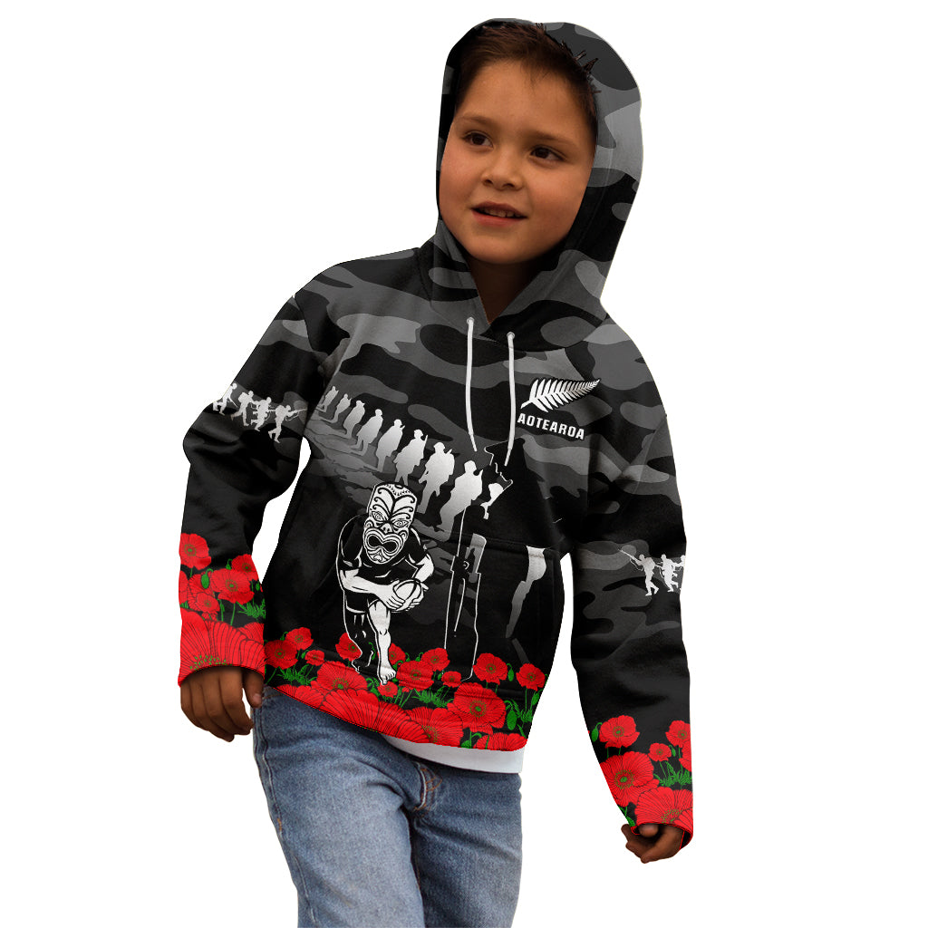 (Custom Text And Number) New Zealand ANZAC Rugby Kid Hoodie Silver Fern All Black Camouflage Mix Poppy - Vibe Hoodie Shop