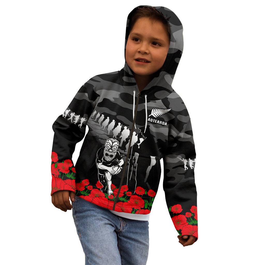 (Custom Text And Number) New Zealand ANZAC Rugby Kid Hoodie Silver Fern All Black Camouflage Mix Poppy - Vibe Hoodie Shop