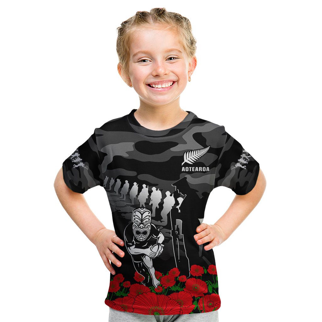 (Custom Text And Number) New Zealand ANZAC Rugby Kid T Shirt Silver Fern All Black Camouflage Mix Poppy - Vibe Hoodie Shop