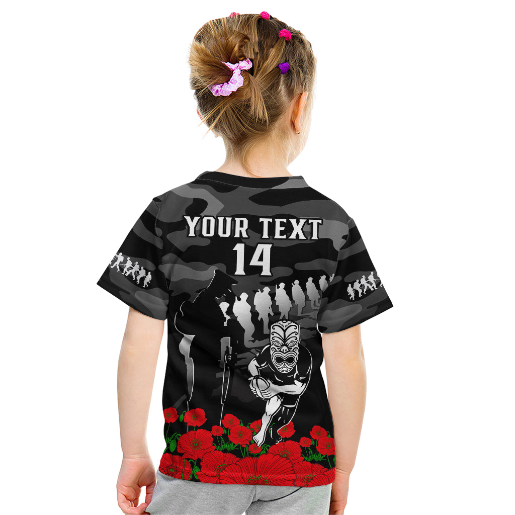 (Custom Text And Number) New Zealand ANZAC Rugby Kid T Shirt Silver Fern All Black Camouflage Mix Poppy - Vibe Hoodie Shop