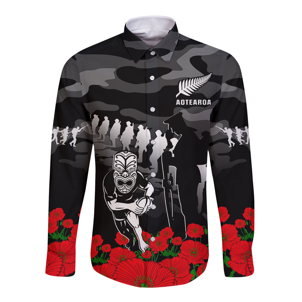 (Custom Text And Number) New Zealand ANZAC Rugby Long Sleeve Button Shirt Silver Fern All Black Camouflage Mix Poppy - Vibe Hoodie Shop