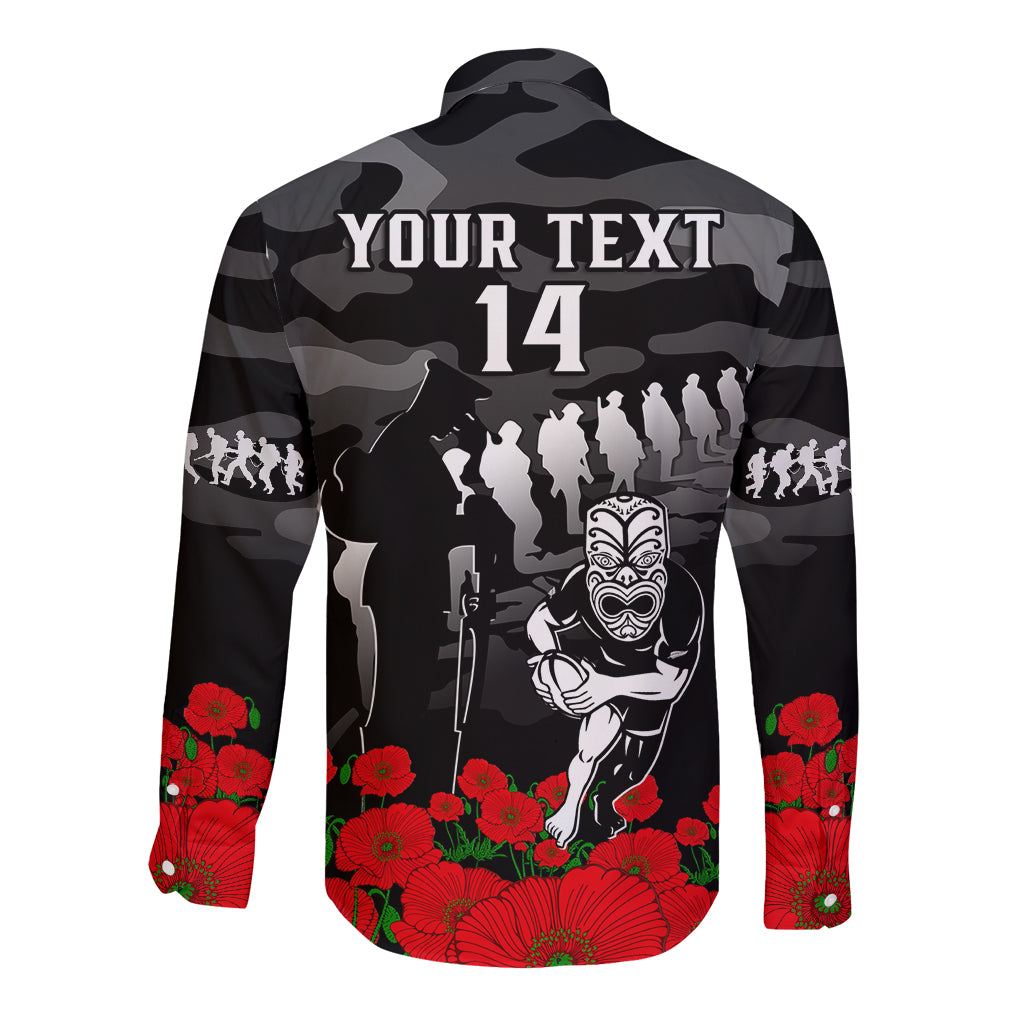 (Custom Text And Number) New Zealand ANZAC Rugby Long Sleeve Button Shirt Silver Fern All Black Camouflage Mix Poppy - Vibe Hoodie Shop