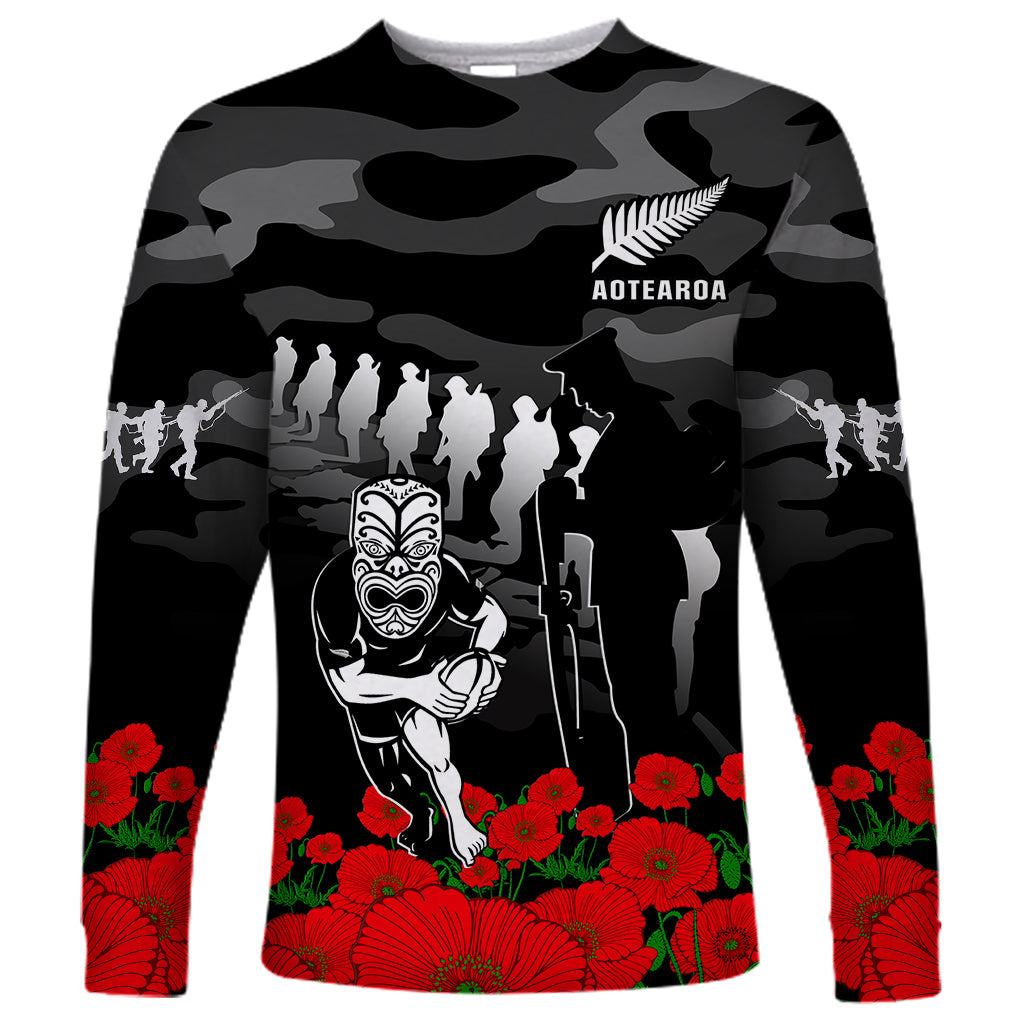 (Custom Text And Number) New Zealand ANZAC Rugby Long Sleeve Shirt Silver Fern All Black Camouflage Mix Poppy - Vibe Hoodie Shop