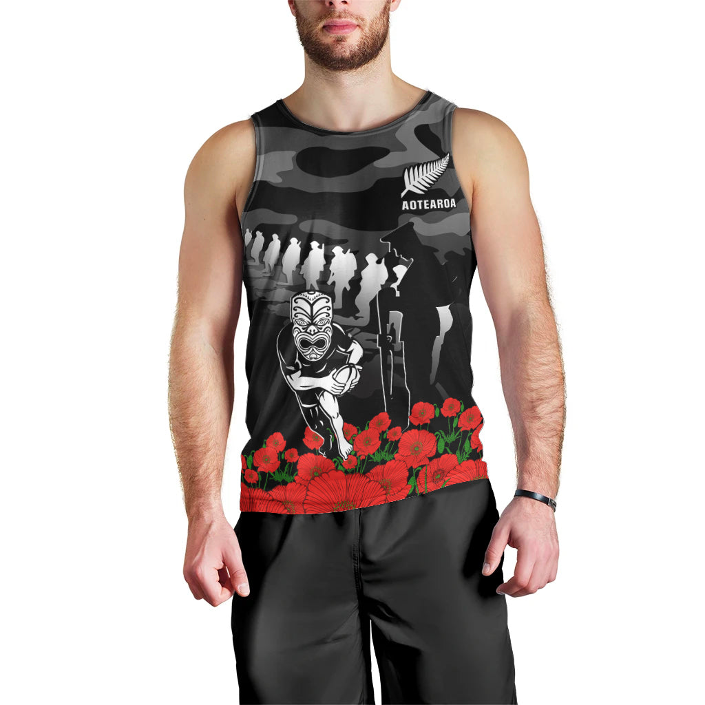 (Custom Text And Number) New Zealand ANZAC Rugby Men Tank Top Silver Fern All Black Camouflage Mix Poppy - Vibe Hoodie Shop