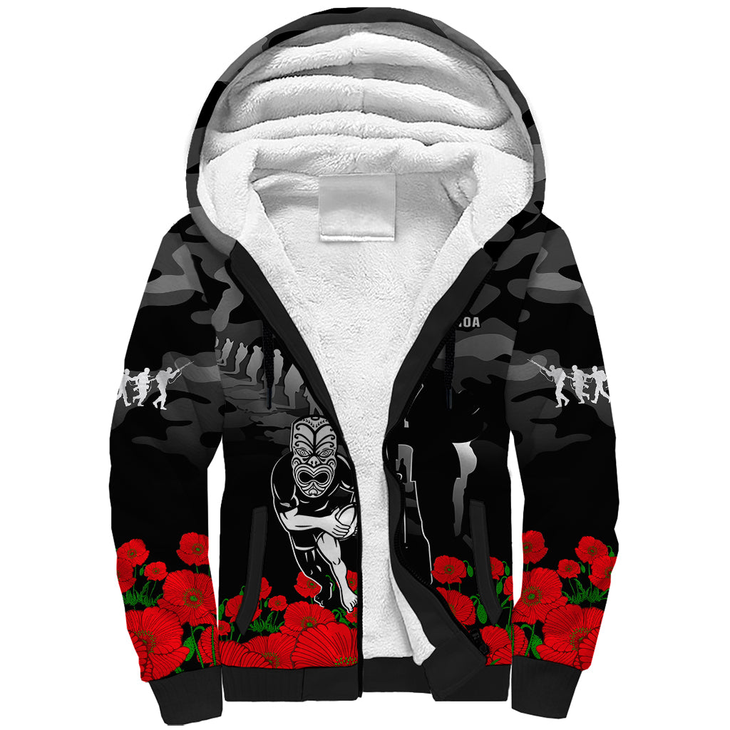 (Custom Text And Number) New Zealand ANZAC Rugby Sherpa Hoodie Silver Fern All Black Camouflage Mix Poppy - Vibe Hoodie Shop