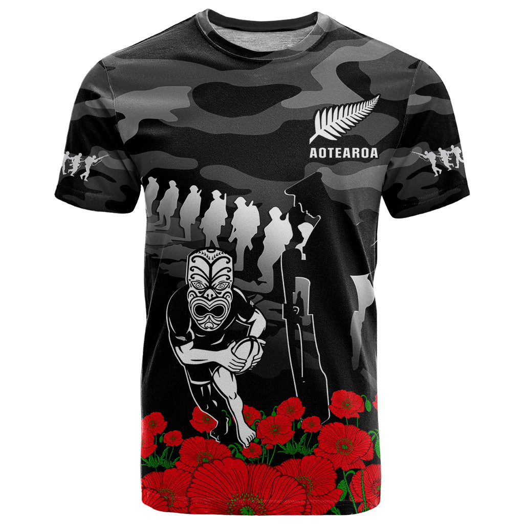 (Custom Text And Number) New Zealand ANZAC Rugby T Shirt Silver Fern All Black Camouflage Mix Poppy - Vibe Hoodie Shop