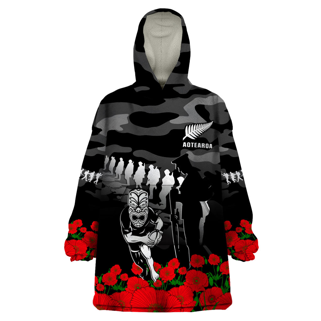 (Custom Text And Number) New Zealand ANZAC Rugby Wearable Blanket Hoodie Silver Fern All Black Camouflage Mix Poppy - Vibe Hoodie Shop