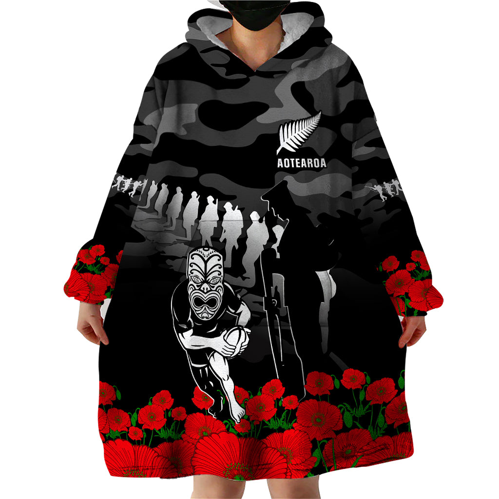 (Custom Text And Number) New Zealand ANZAC Rugby Wearable Blanket Hoodie Silver Fern All Black Camouflage Mix Poppy - Vibe Hoodie Shop