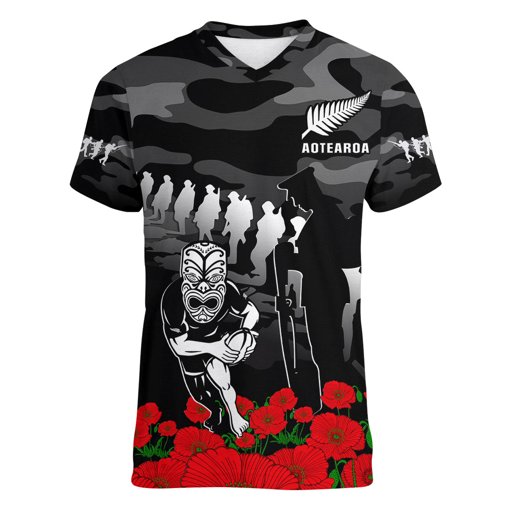 (Custom Text And Number) New Zealand ANZAC Rugby Women V Neck T Shirt Silver Fern All Black Camouflage Mix Poppy - Vibe Hoodie Shop