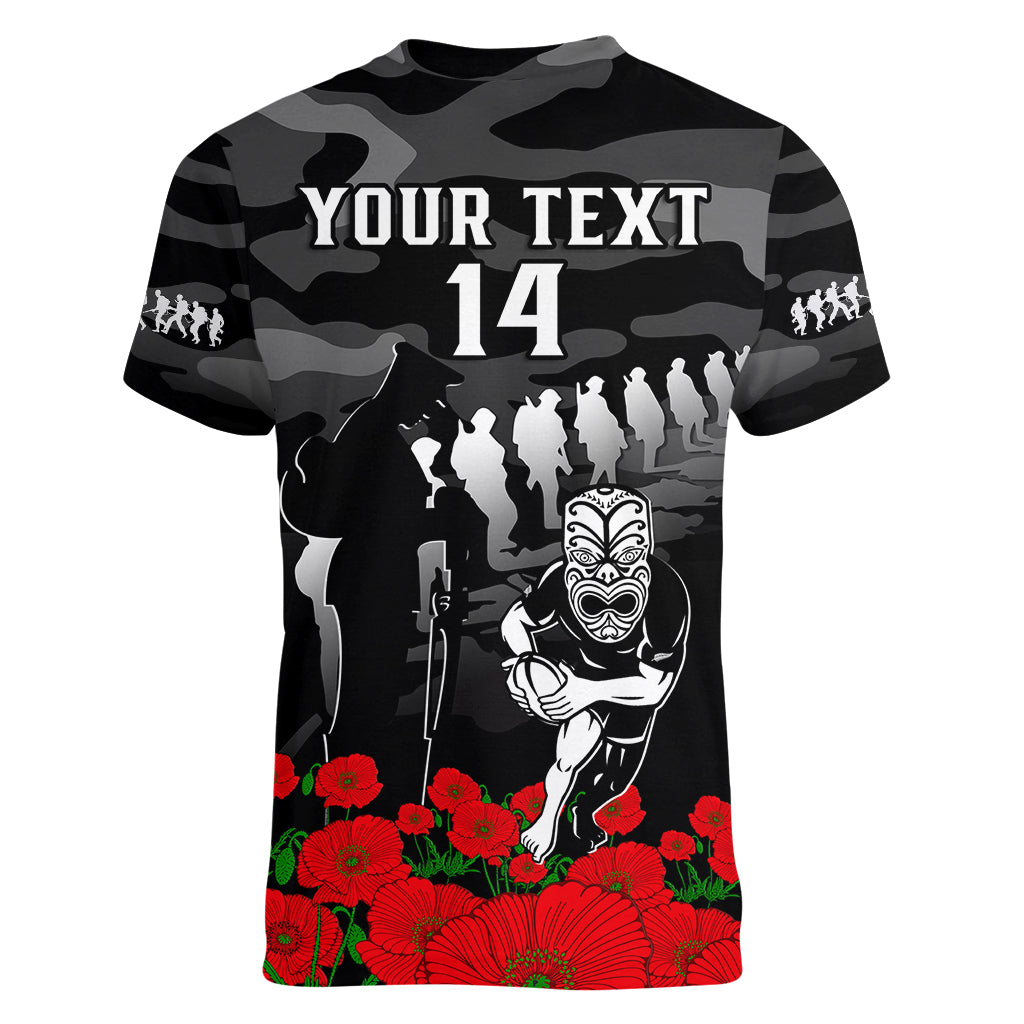 (Custom Text And Number) New Zealand ANZAC Rugby Women V Neck T Shirt Silver Fern All Black Camouflage Mix Poppy - Vibe Hoodie Shop