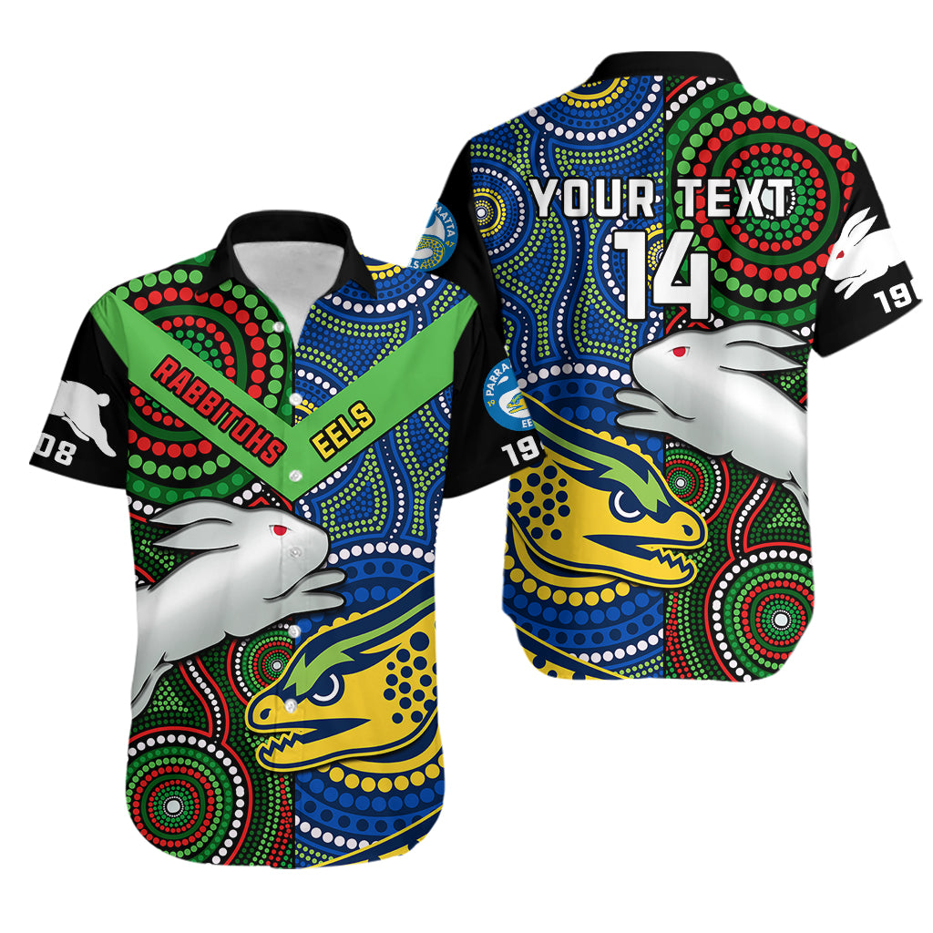 (Custom Text And Number) Rabbitohs Mix Eels Rugby Hawaiian Shirt Souths And Parra Indigenous - Vibe Hoodie Shop